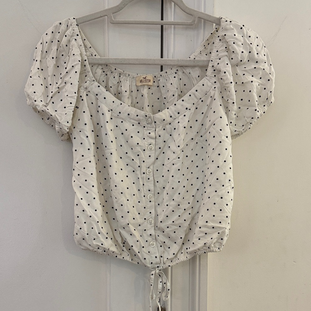 Hollister White Puff Sleeve Blouse with Black Polka Dots